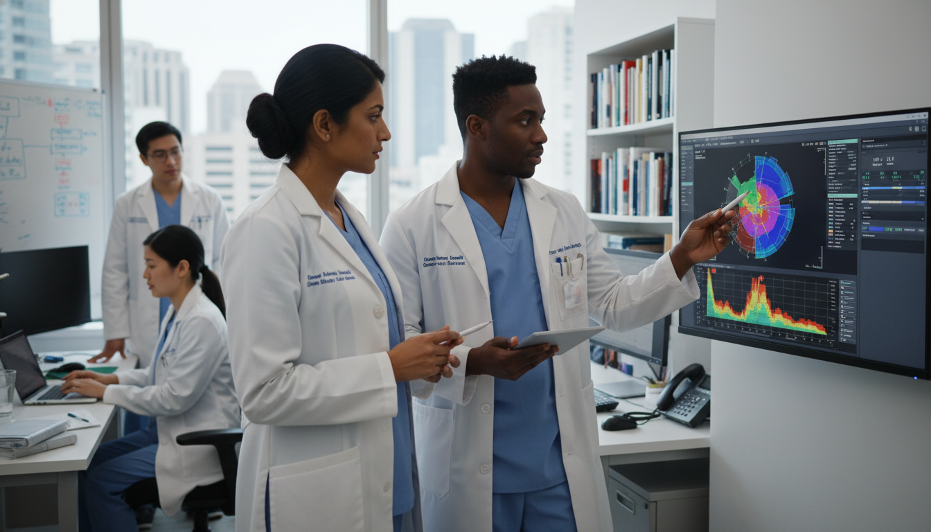 Radiation oncology resident reviewing treatment plan with research mentor - DO graduate residency for Research Profile Buildi