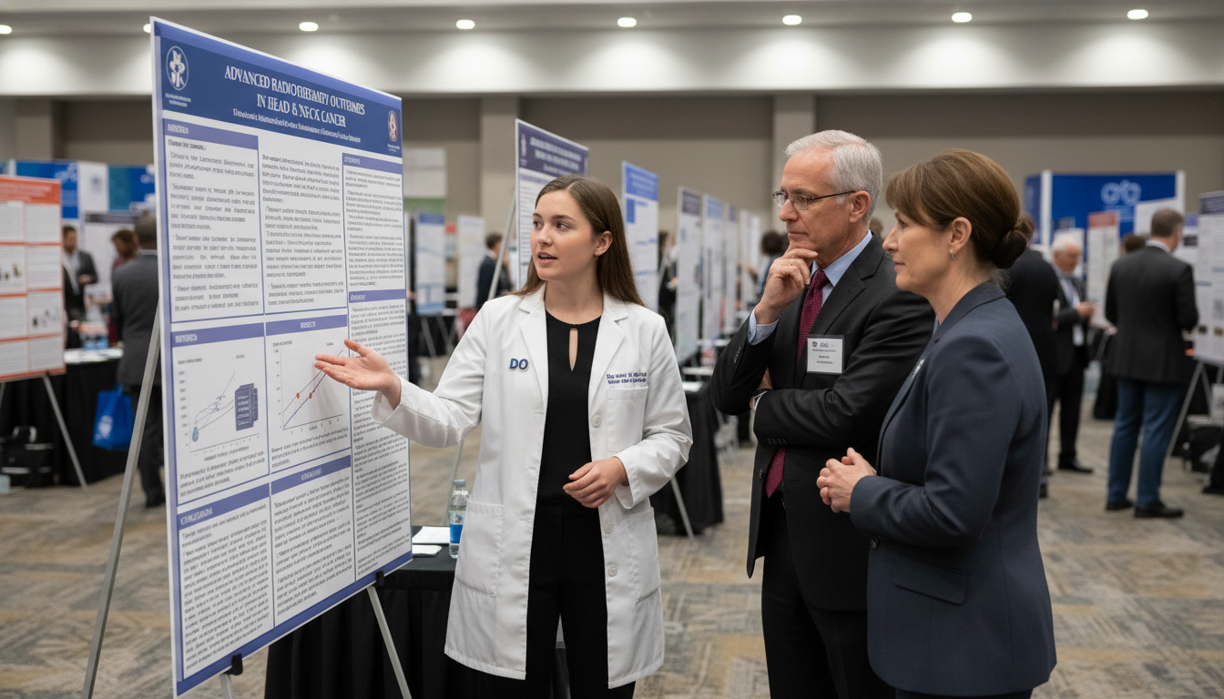DO applicant presenting a radiation oncology research poster - DO graduate residency for Research Profile Building for DO Gra