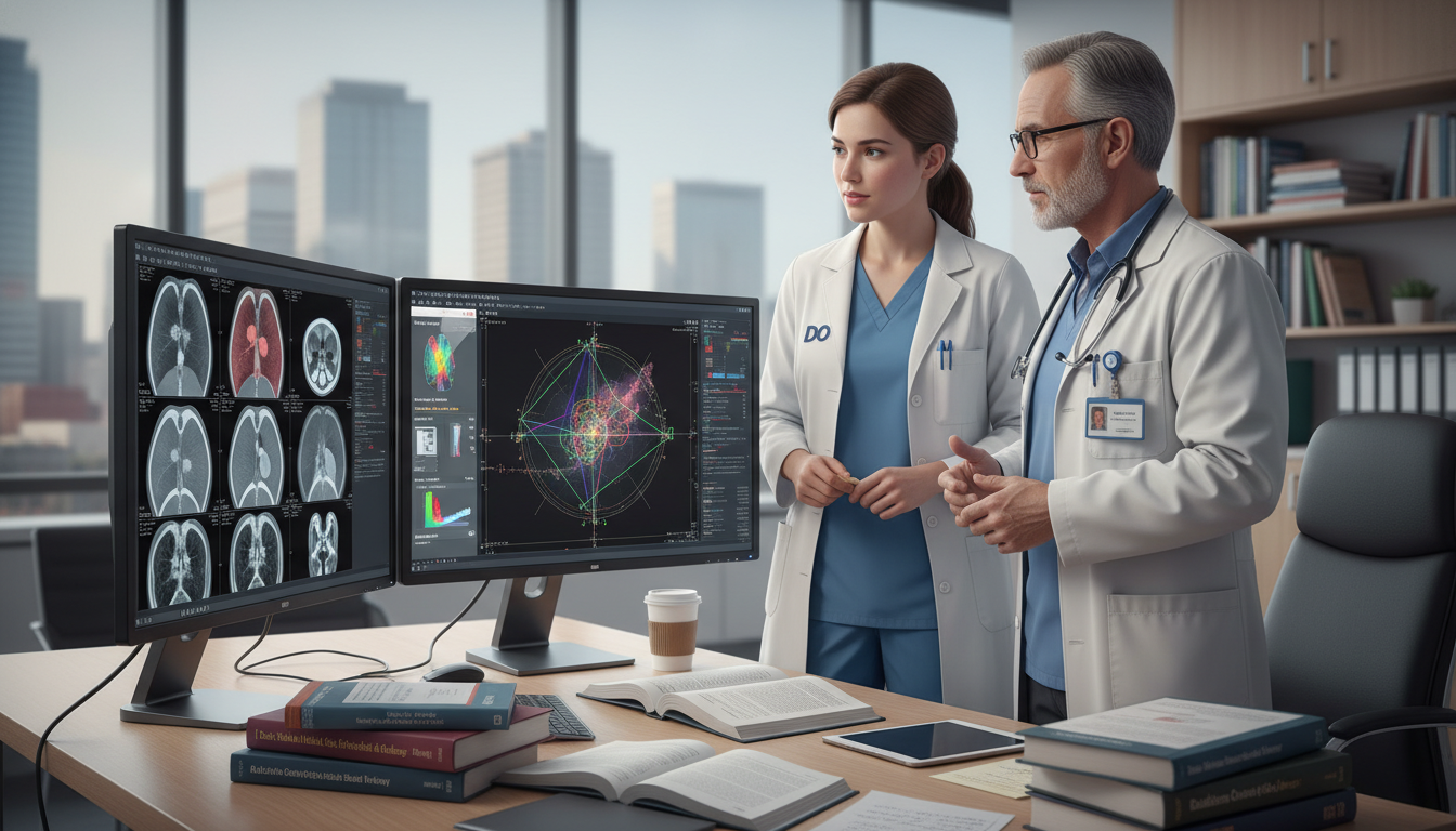 Medical graduate reviewing oncology cases with radiation therapy context Medical graduate reviewing oncology cases with radiation therapy context - DO graduate residency for USMLE Step 2 CK Preparat