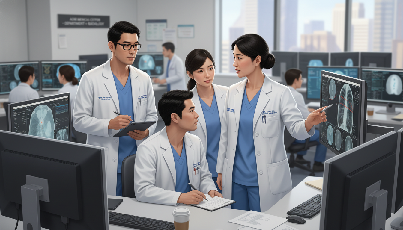 Diagnostic radiology attending teaching residents in an academic reading room Diagnostic radiology attending teaching residents in an academic reading room - DO graduate residency for Academic vs Private