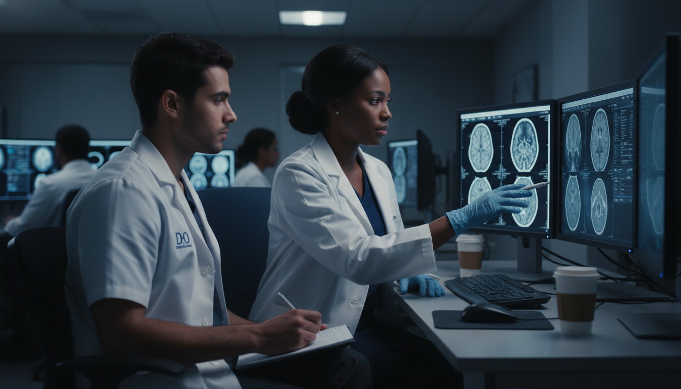 Medical student working in diagnostic radiology reading room during away rotation - DO graduate residency for Away Rotation S