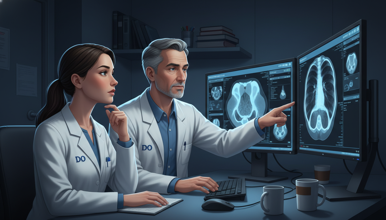 Radiology resident consulting with an attending at a workstation - DO graduate residency for Common Interview Questions for D