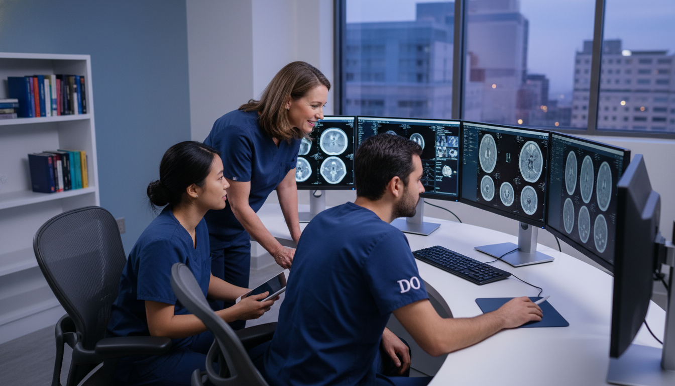 Diagnostic radiology residents collaborating in a reading room Diagnostic radiology residents collaborating in a reading room - DO graduate residency for Identifying Malignant Programs for