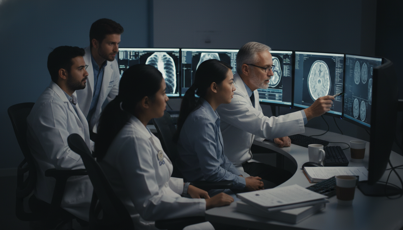 Radiology residents analyzing imaging while a DO trainee asks a question Radiology residents analyzing imaging while a DO trainee asks a question - DO graduate residency for Questions to Ask Program