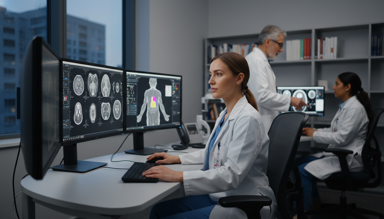 Radiology resident in reading room demonstrating professionalism and focus Radiology resident in reading room demonstrating professionalism and focus - DO graduate residency for Addressing Red Flags f