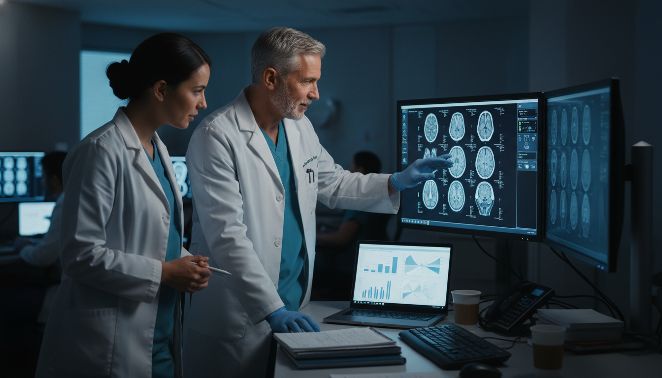 Radiology resident and mentor reviewing imaging and research data together - DO graduate residency for Research During Reside