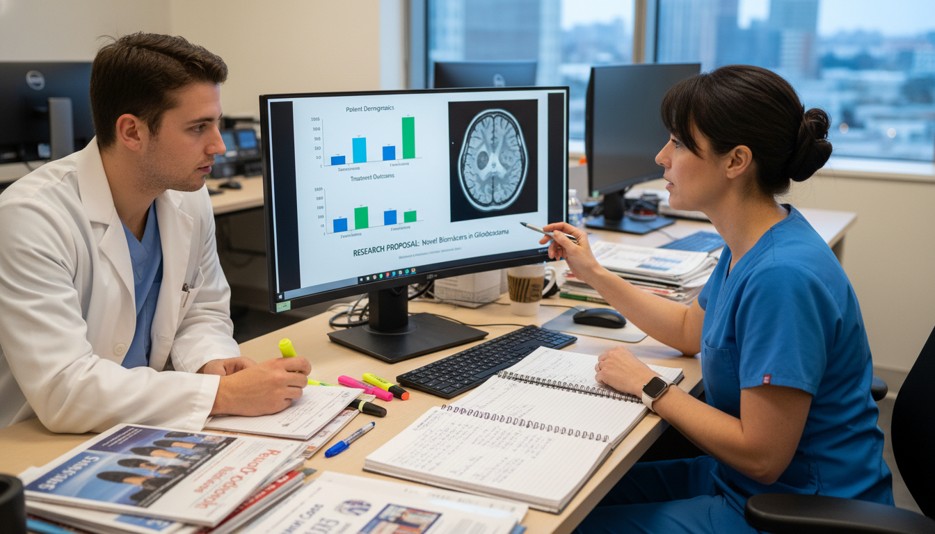 Radiology resident mentor reviewing research proposal with DO student - DO graduate residency for Research Profile Building f