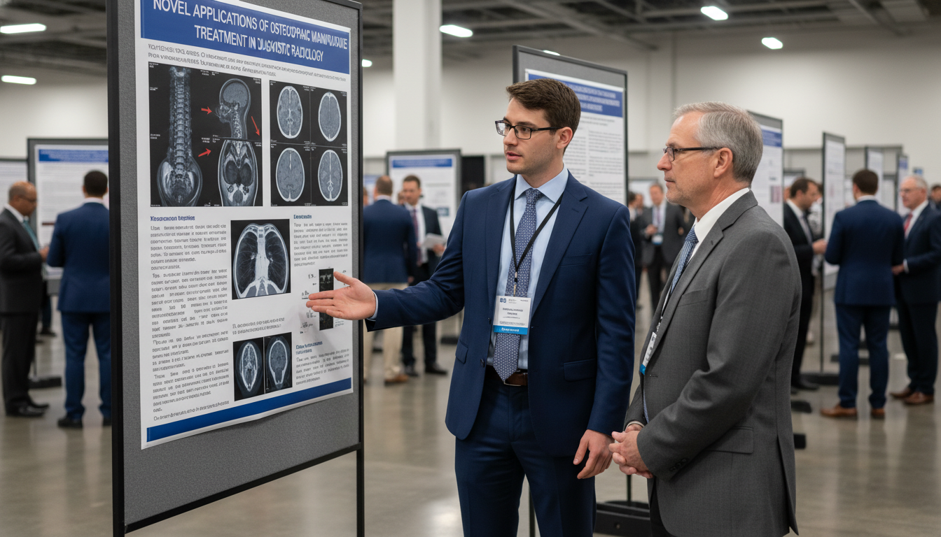 Medical student presenting diagnostic radiology research poster at a conference - DO graduate residency for Research Profile