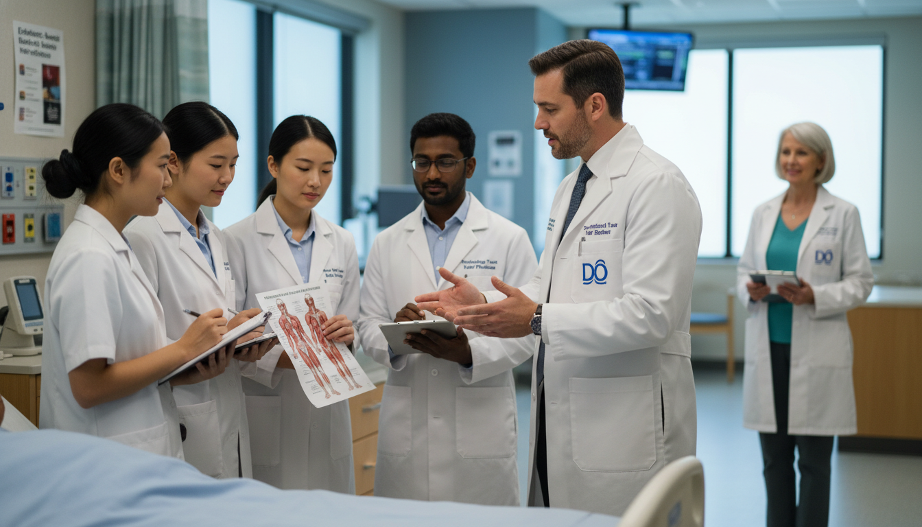 Transitional year DO resident teaching medical students on hospital rounds in academic setting Transitional year DO resident teaching medical students on hospital rounds in academic setting - DO graduate residency for Ac