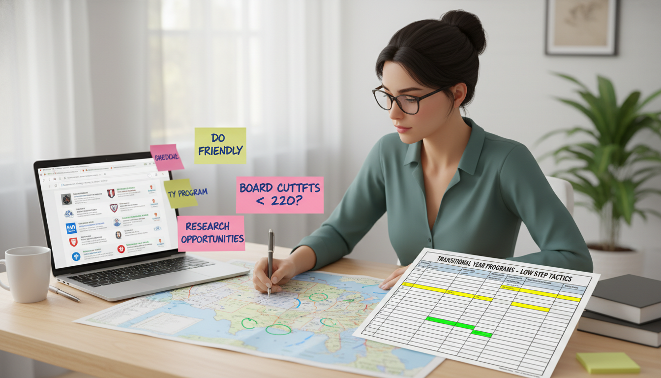 Residency applicant mapping out transitional year residency programs - DO graduate residency for Low Step Score Strategies fo