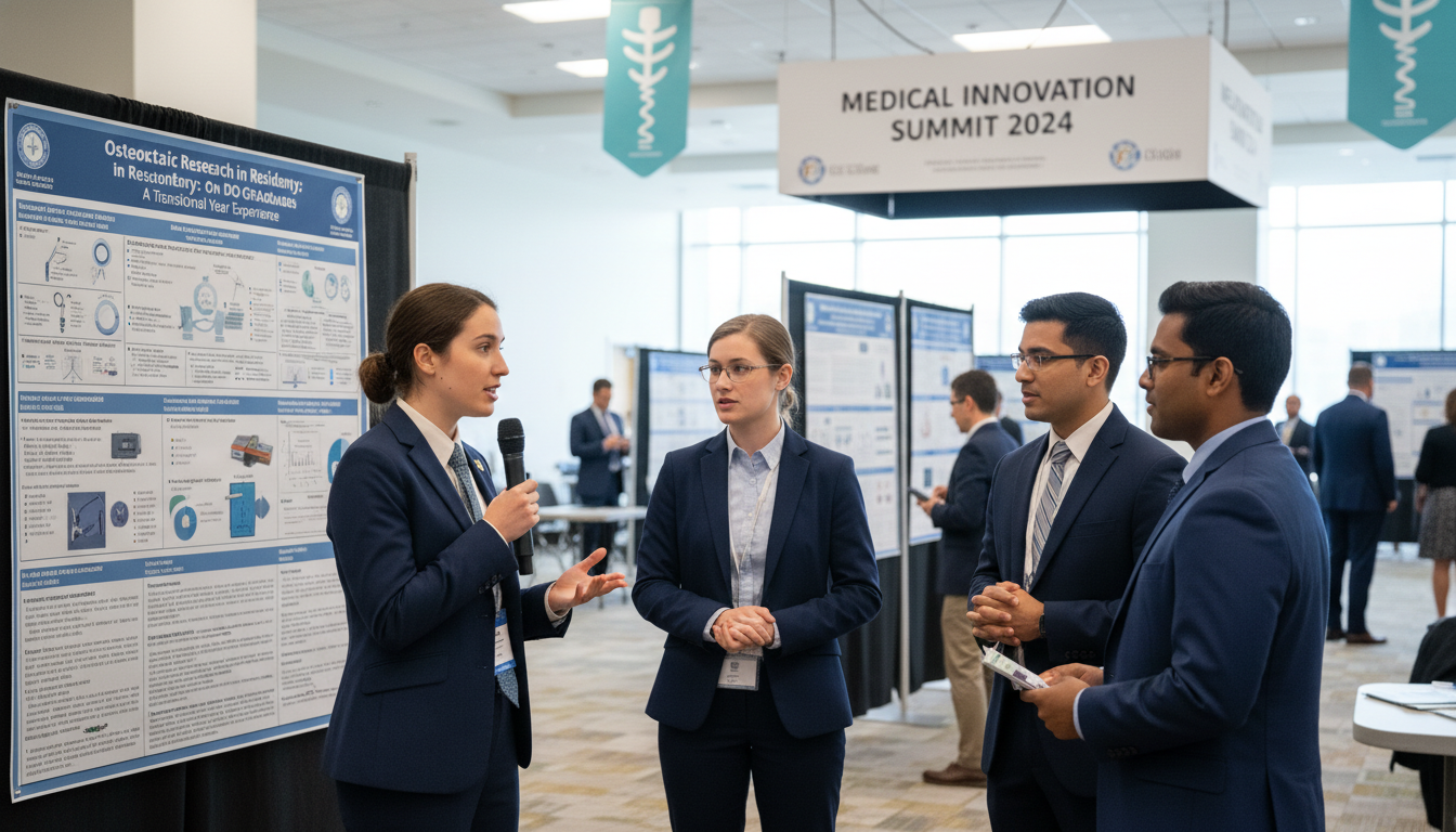 Resident presenting research poster at medical conference - DO graduate residency for Research During Residency for DO Gradua