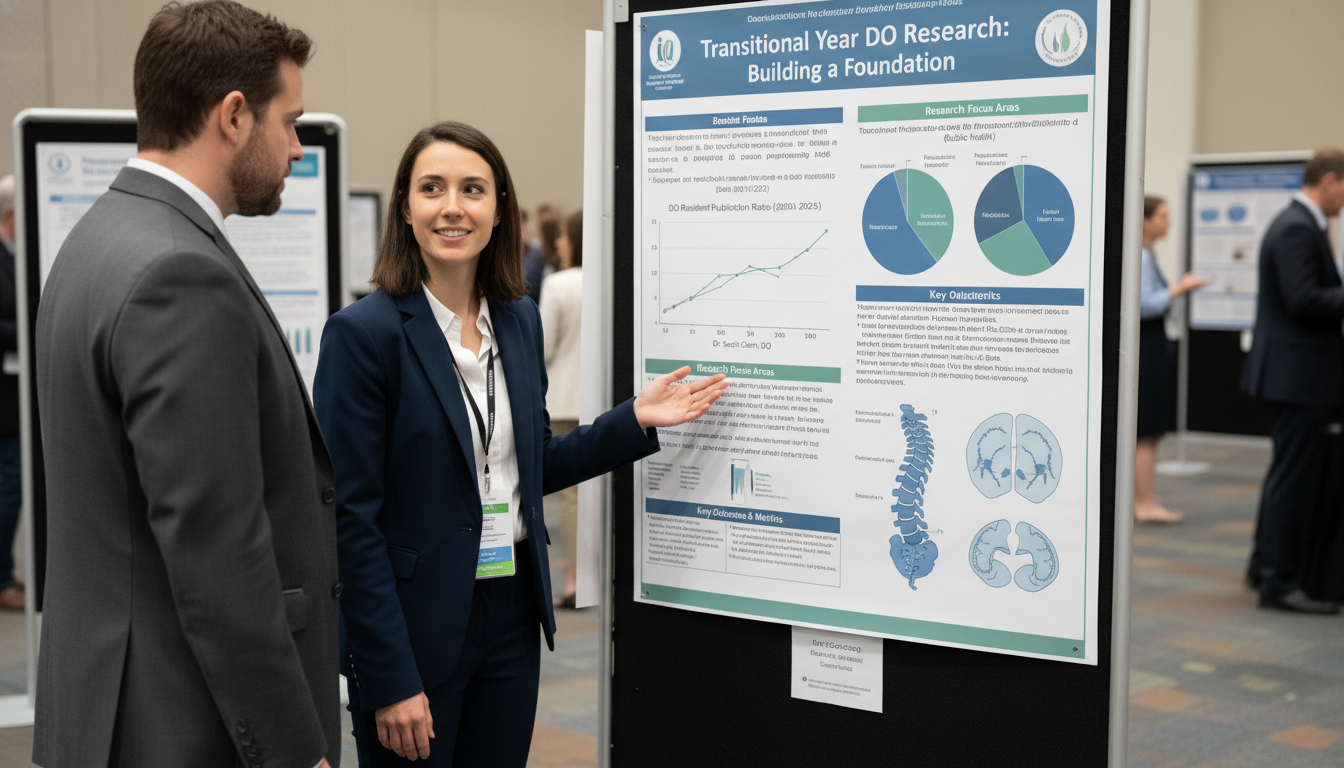 DO graduate presenting a research poster at a medical conference DO graduate presenting a research poster at a medical conference - DO graduate residency for Research Profile Building for DO