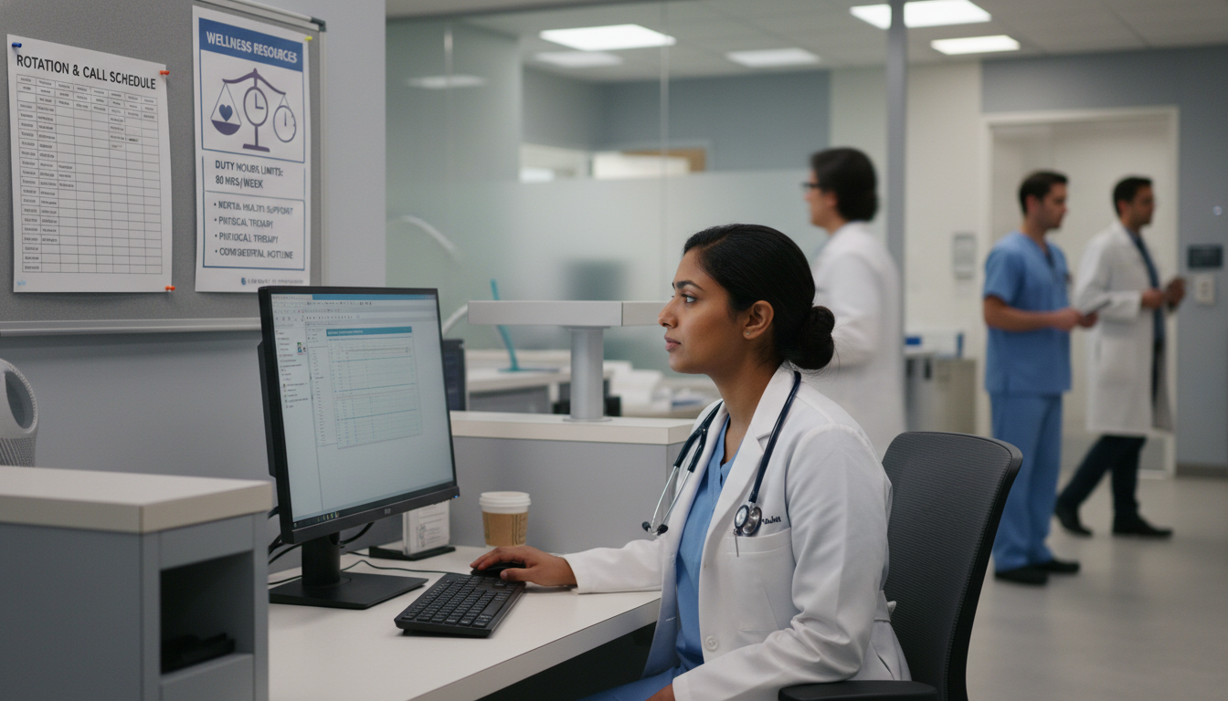 Transitional year resident reviewing call schedule and wellness resources Transitional year resident reviewing call schedule and wellness resources - DO graduate residency for Work-Life Balance Asses