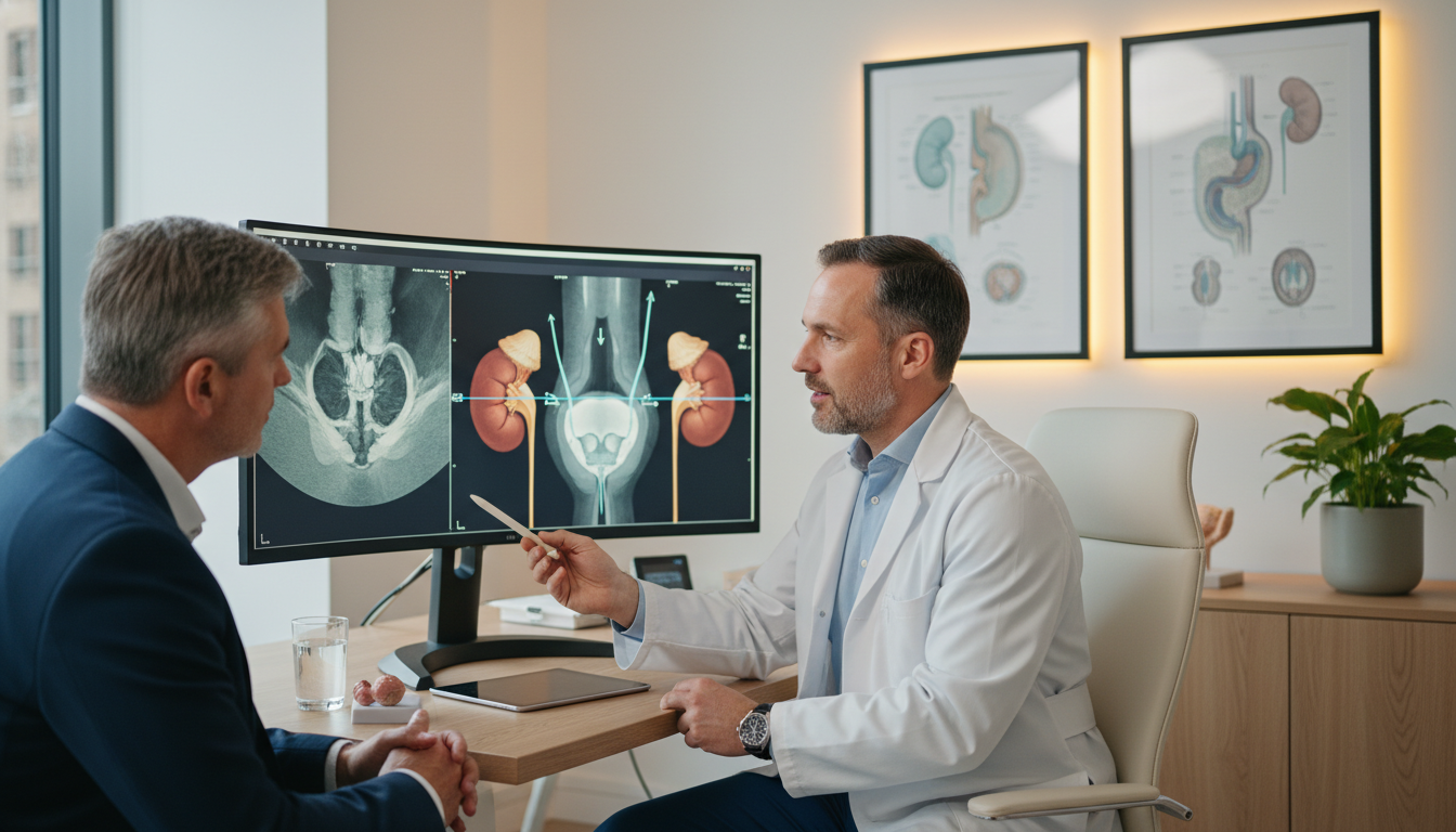 Private practice DO urologist consulting with a patient in clinic Private practice DO urologist consulting with a patient in clinic - DO graduate residency for Academic vs Private Practice fo