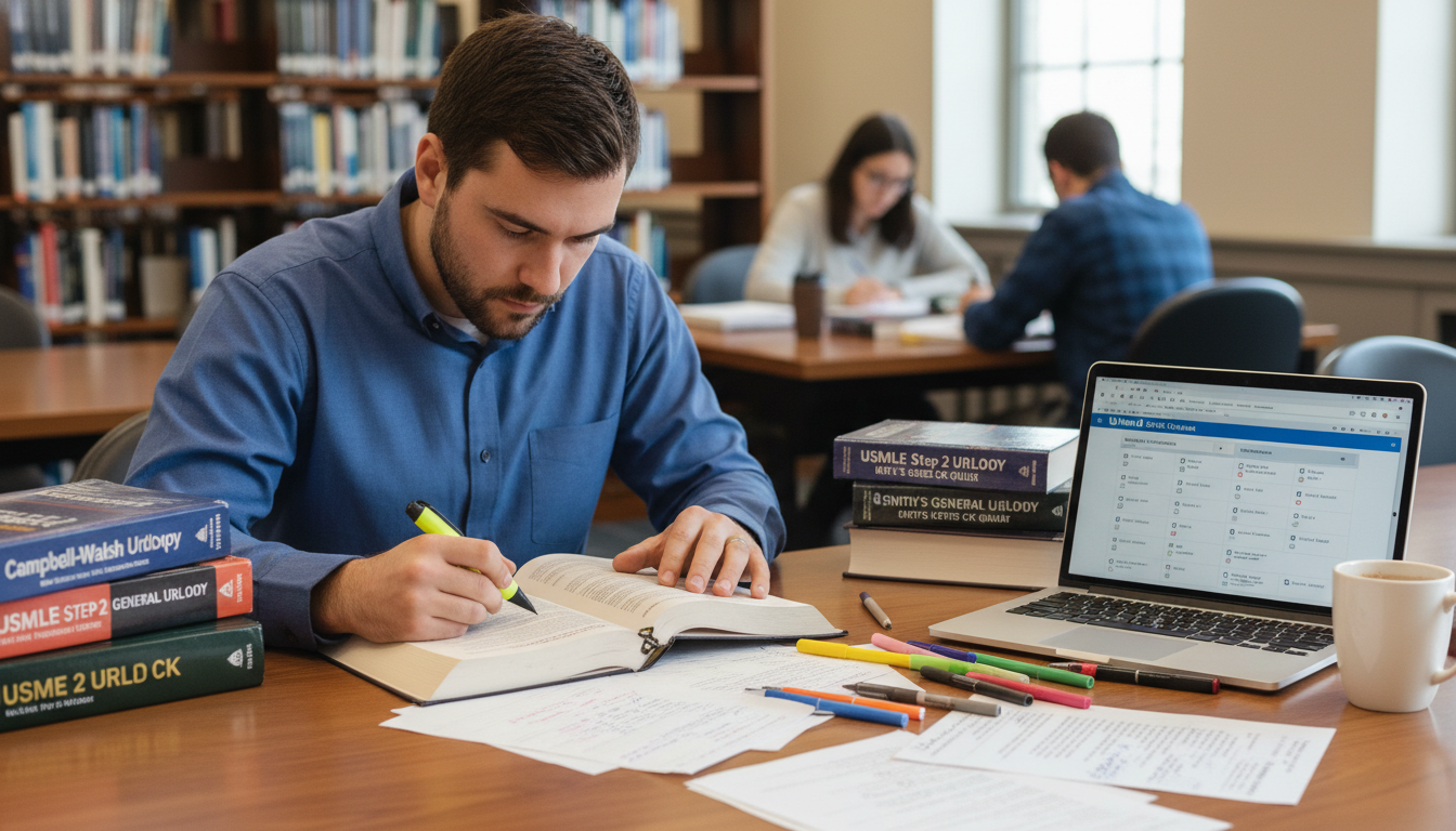 Osteopathic medical graduate studying intensively for Step 2 CK with urology books and laptop - DO graduate residency for Low