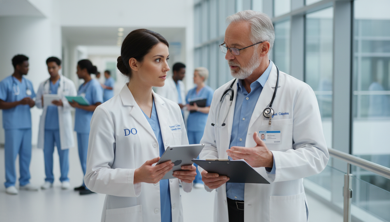 DO urology resident speaking with mentor during hospital rounds DO urology resident speaking with mentor during hospital rounds - DO graduate residency for How to Research Programs for DO G