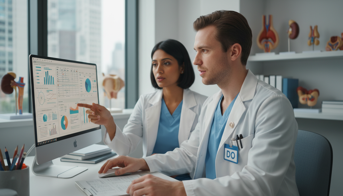 Urology resident and faculty mentor discussing research data Urology resident and faculty mentor discussing research data - DO graduate residency for Research During Residency for DO Gra