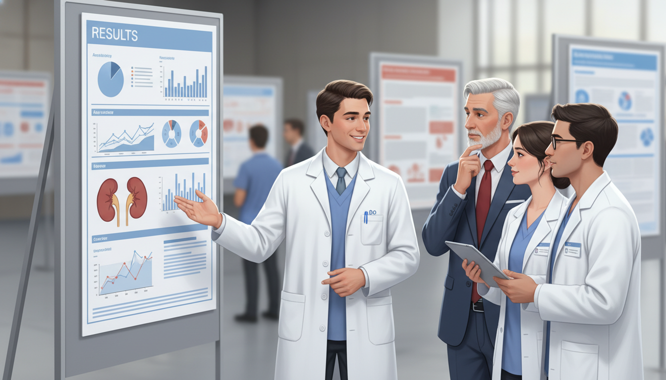 DO student discussing a urology research poster DO student discussing a urology research poster - DO graduate residency for Research Profile Building for DO Graduate in Urol