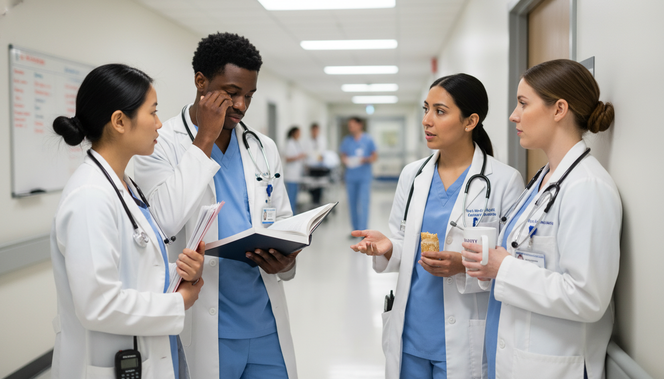 Small group of urology residents discussing workload and program satisfaction Small group of urology residents discussing workload and program satisfaction - DO graduate residency for Resident Turnover W
