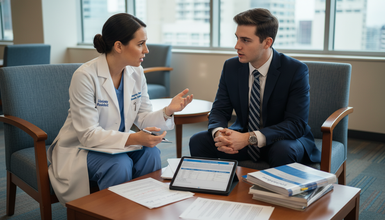 Osteopathic urology applicant speaking with resident mentor on interview day Osteopathic urology applicant speaking with resident mentor on interview day - DO graduate residency for Resident Turnover Wa