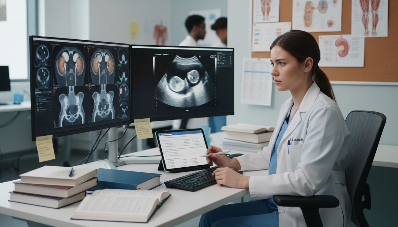 Urology resident reviewing clinical imaging and notes Urology resident reviewing clinical imaging and notes - DO graduate residency for USMLE Step 2 CK Preparation for DO Graduate