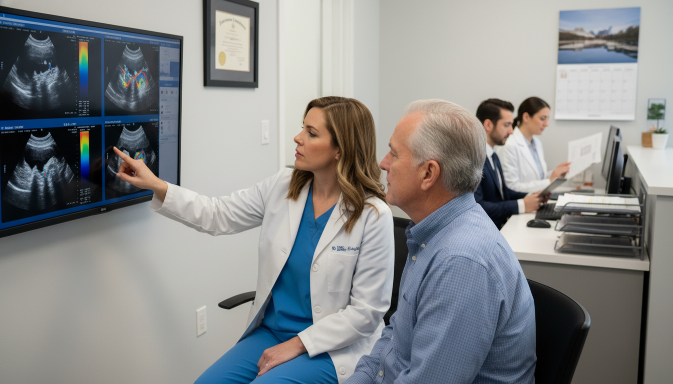 Vascular surgeon consulting with a patient in a private practice clinic Vascular surgeon consulting with a patient in a private practice clinic - DO graduate residency for Academic vs Private Pract