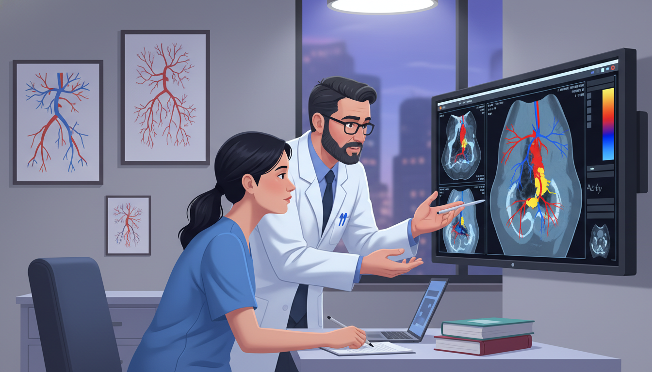 Vascular surgery resident reviewing CT angiography images with attending - DO graduate residency for Common Interview Questio