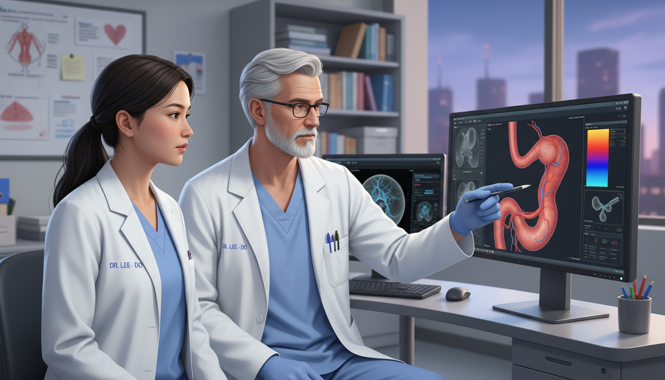 Vascular surgery resident discussing a case with mentor in hospital setting - DO graduate residency for Networking in Medicin