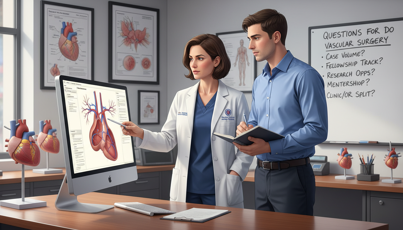 Vascular surgery faculty discussing case volume and resident training with an applicant Vascular surgery faculty discussing case volume and resident training with an applicant - DO graduate residency for Questions