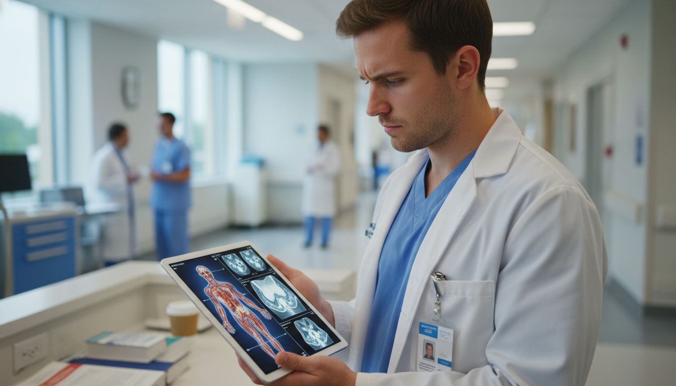 Vascular surgery resident reviewing clinical cases on a tablet - DO graduate residency for USMLE Step 2 CK Preparation for DO