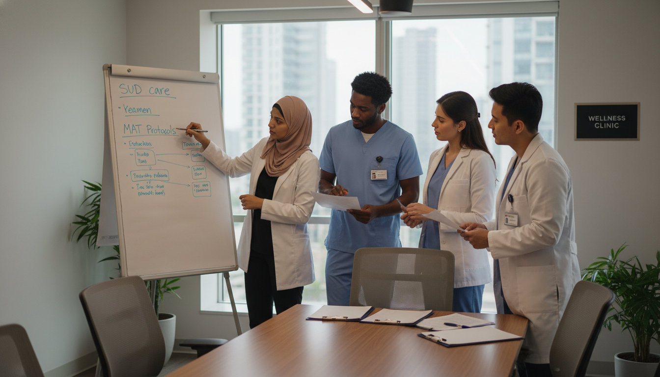 Medical team in addiction medicine clinic discussing patient cases - IMG residency guide for Low Step Score Strategies for In