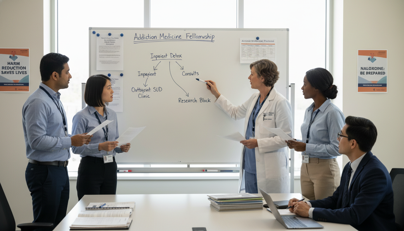 Addiction medicine fellows discussing curriculum at a teaching hospital Addiction medicine fellows discussing curriculum at a teaching hospital - IMG residency guide for Questions to Ask Programs f