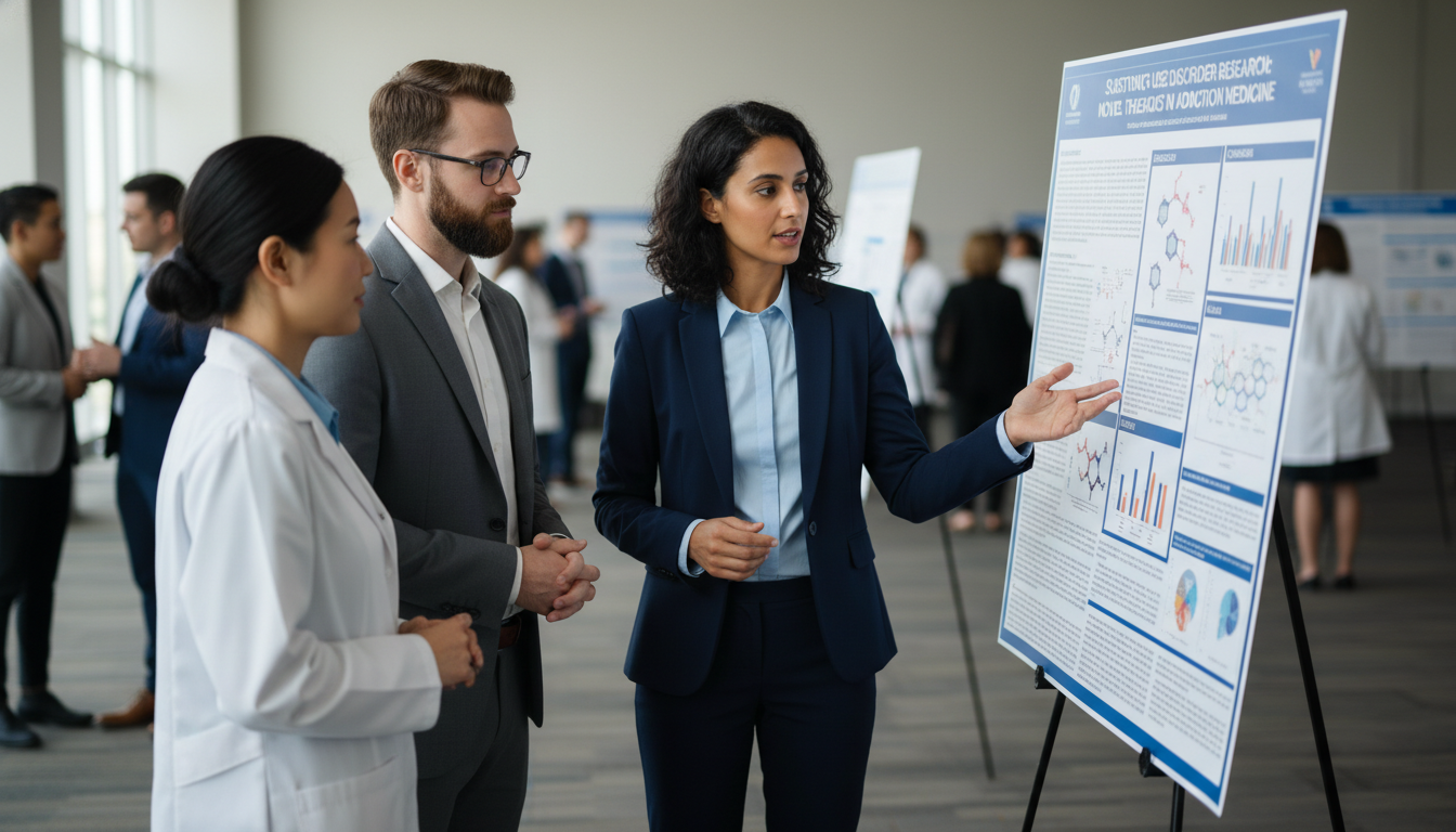 Resident presenting addiction medicine research poster at conference Resident presenting addiction medicine research poster at conference - IMG residency guide for Research During Residency for