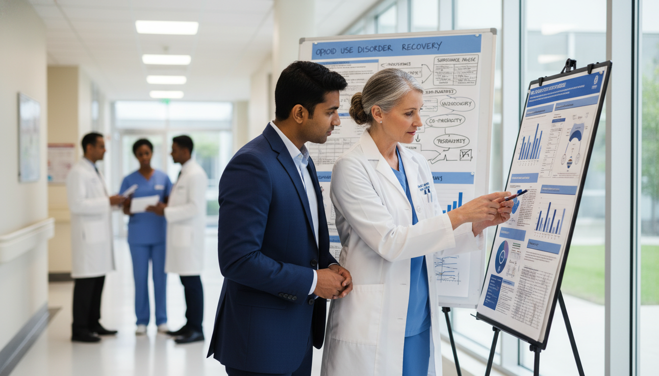 Mentor and international medical graduate discussing addiction medicine research Mentor and international medical graduate discussing addiction medicine research - IMG residency guide for Research Profile B