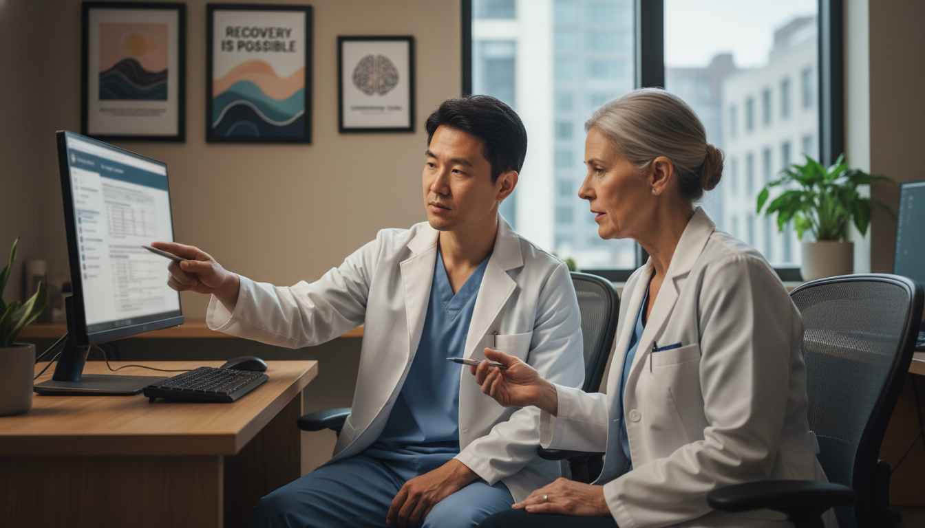 Addiction medicine fellow consulting with senior physician Addiction medicine fellow consulting with senior physician - IMG residency guide for Work-Life Balance Assessment for Interna