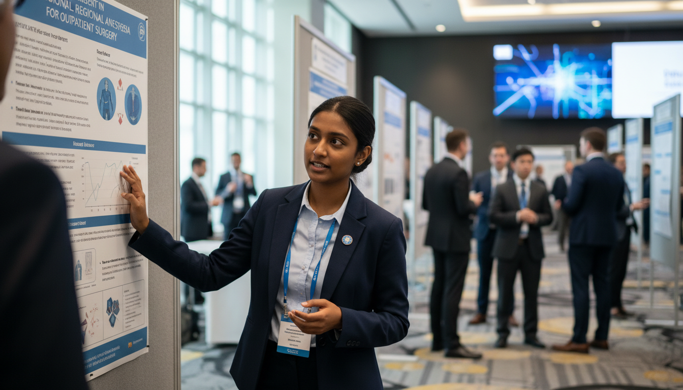 Medical resident presenting anesthesia-related research poster Medical resident presenting anesthesia-related research poster - IMG residency guide for CV Building for International Medica