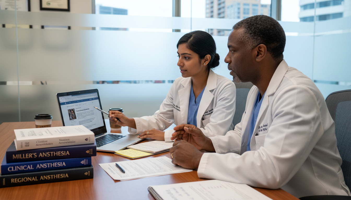 Anesthesiology resident working with mentor during fellowship planning meeting Anesthesiology resident working with mentor during fellowship planning meeting - IMG residency guide for Fellowship Preparati