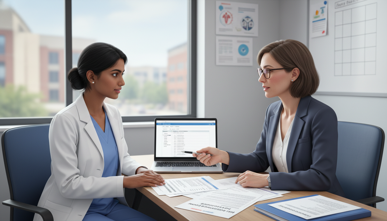 International anesthesiology resident reviewing H-1B visa documents with program staff International anesthesiology resident reviewing H-1B visa documents with program staff - IMG residency guide for H-1B Sponsor