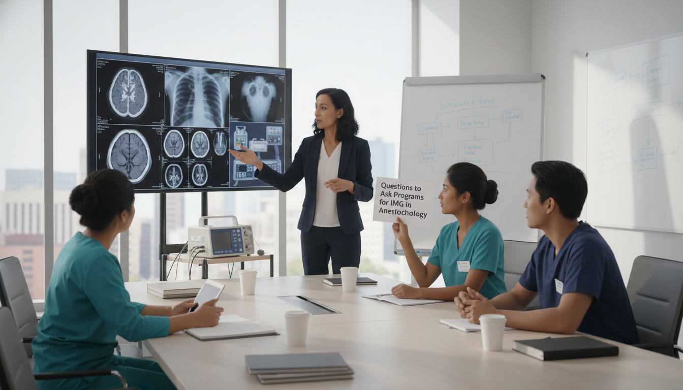 Anesthesiology residents and faculty discussing in a conference room Anesthesiology residents and faculty discussing in a conference room - IMG residency guide for Questions to Ask Programs for