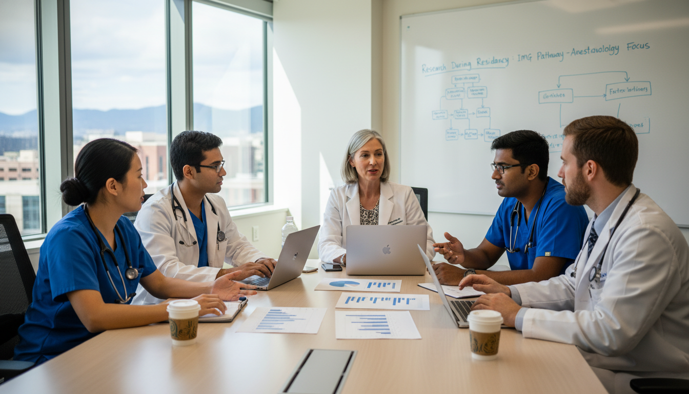 Anesthesiology residents discussing research project in conference room - IMG residency guide for Research During Residency f