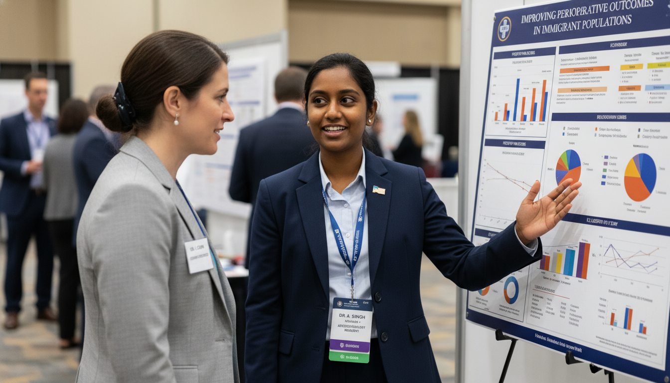 Anesthesiology resident presenting research poster at a conference - IMG residency guide for Research During Residency for In