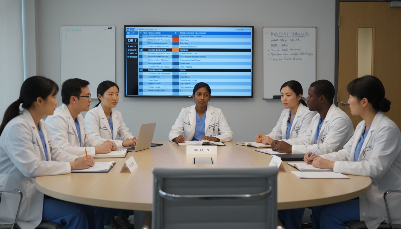 Anesthesiology resident team with one empty seat symbolizing resident turnover Anesthesiology resident team with one empty seat symbolizing resident turnover - IMG residency guide for Resident Turnover Wa