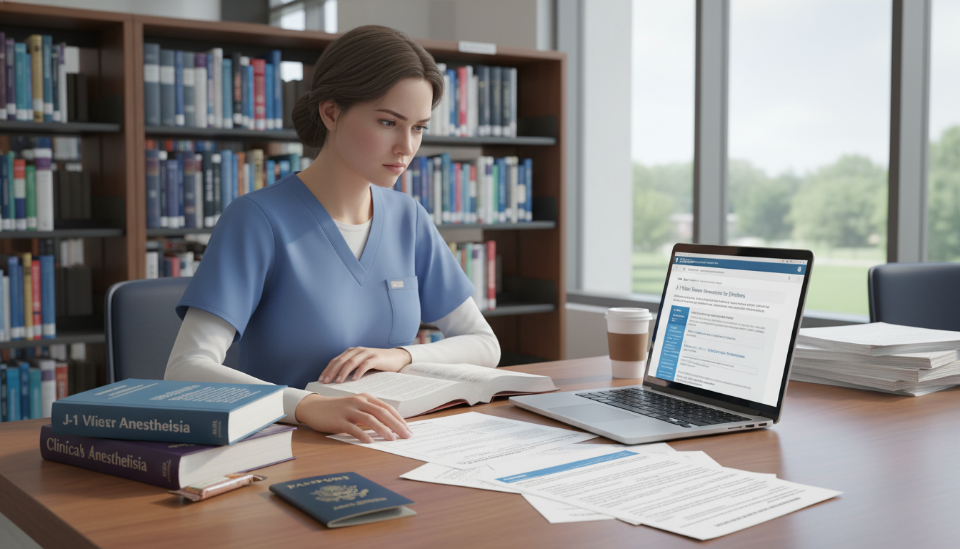 IMG anesthesiology resident reviewing immigration documents while studying - IMG residency guide for Visa Navigation for Resi