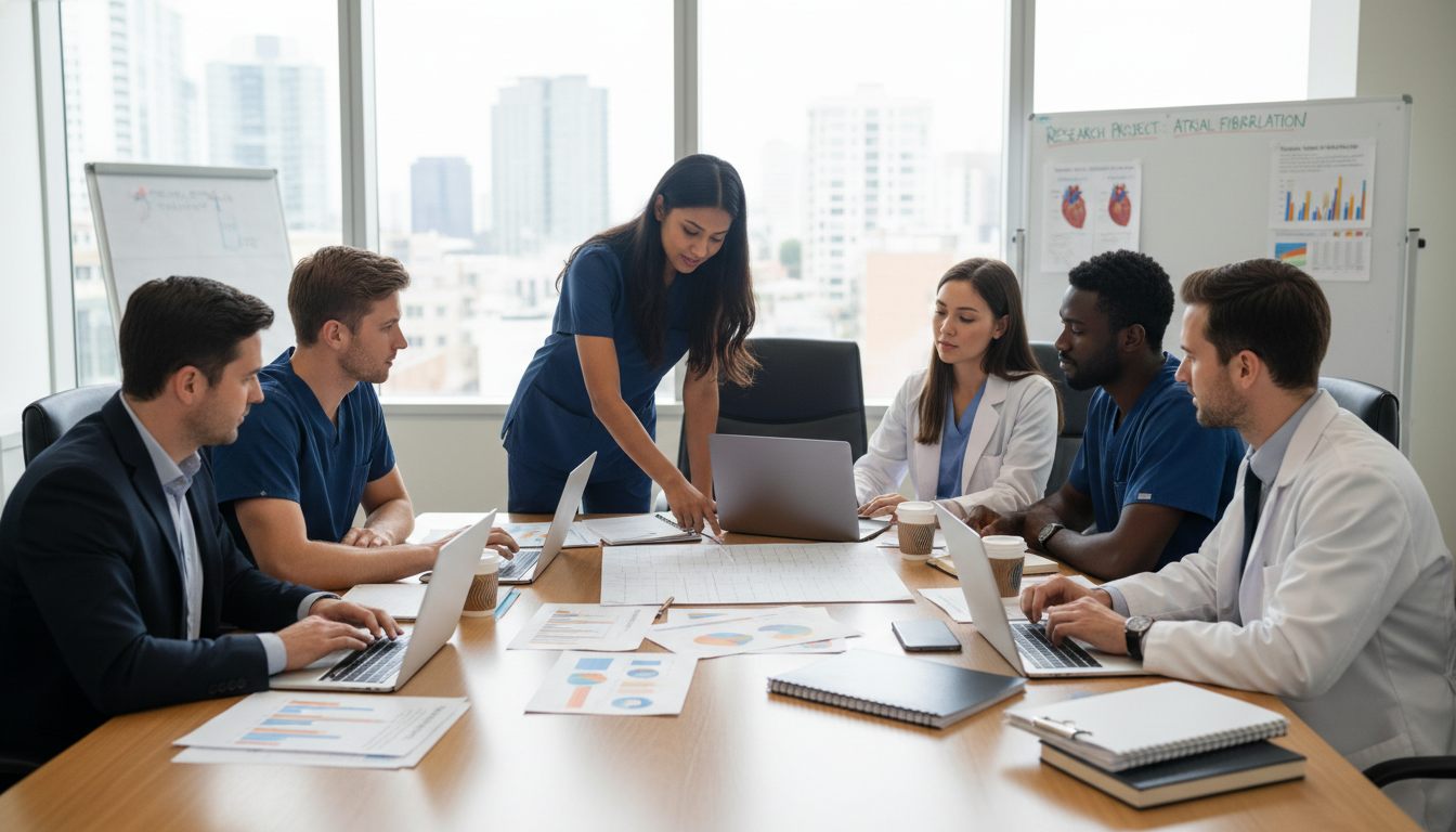 Cardiology residents and international medical graduate collaborating on a research project Cardiology residents and international medical graduate collaborating on a research project - IMG residency guide for Researc