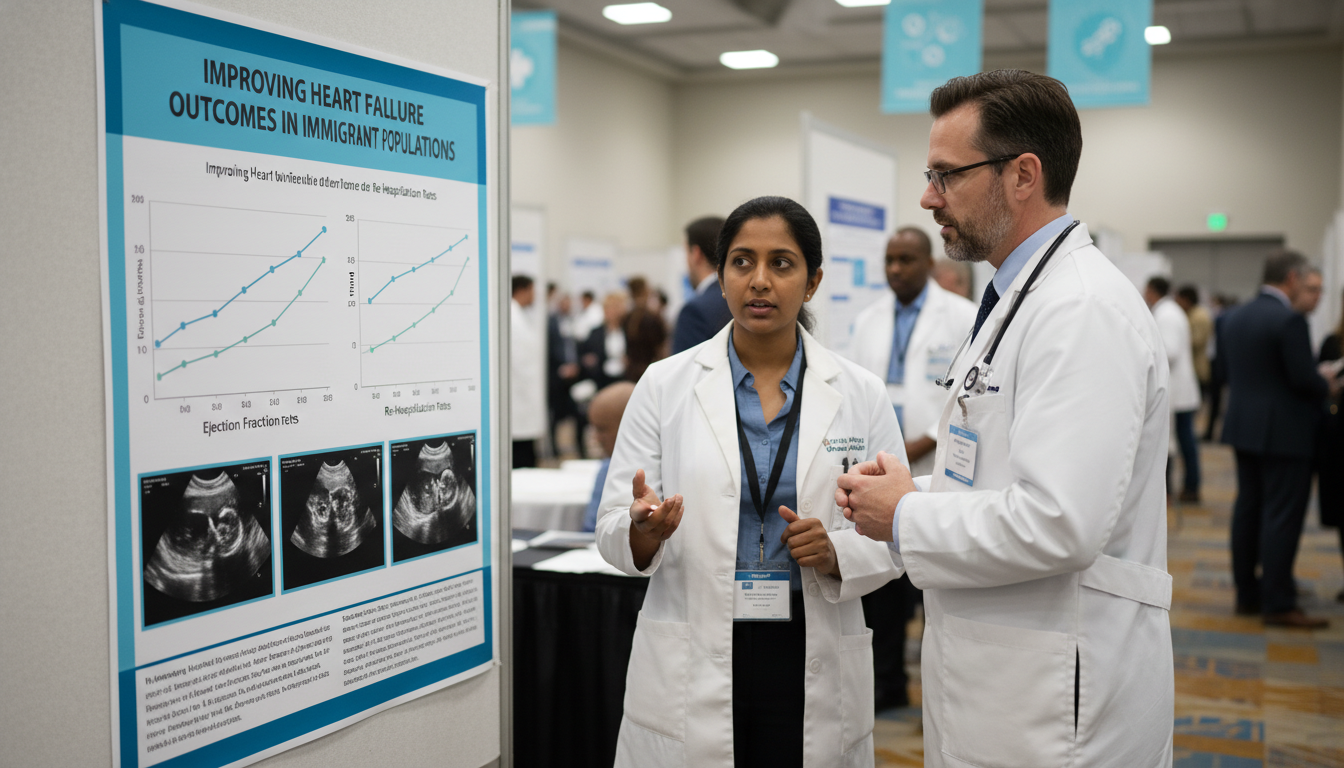Cardiology resident presenting research poster at a medical conference Cardiology resident presenting research poster at a medical conference - IMG residency guide for Research During Residency fo