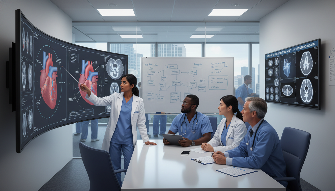 Cardiothoracic surgery academic team discussing complex heart surgery case in university hospital Cardiothoracic surgery academic team discussing complex heart surgery case in university hospital - IMG residency guide for A