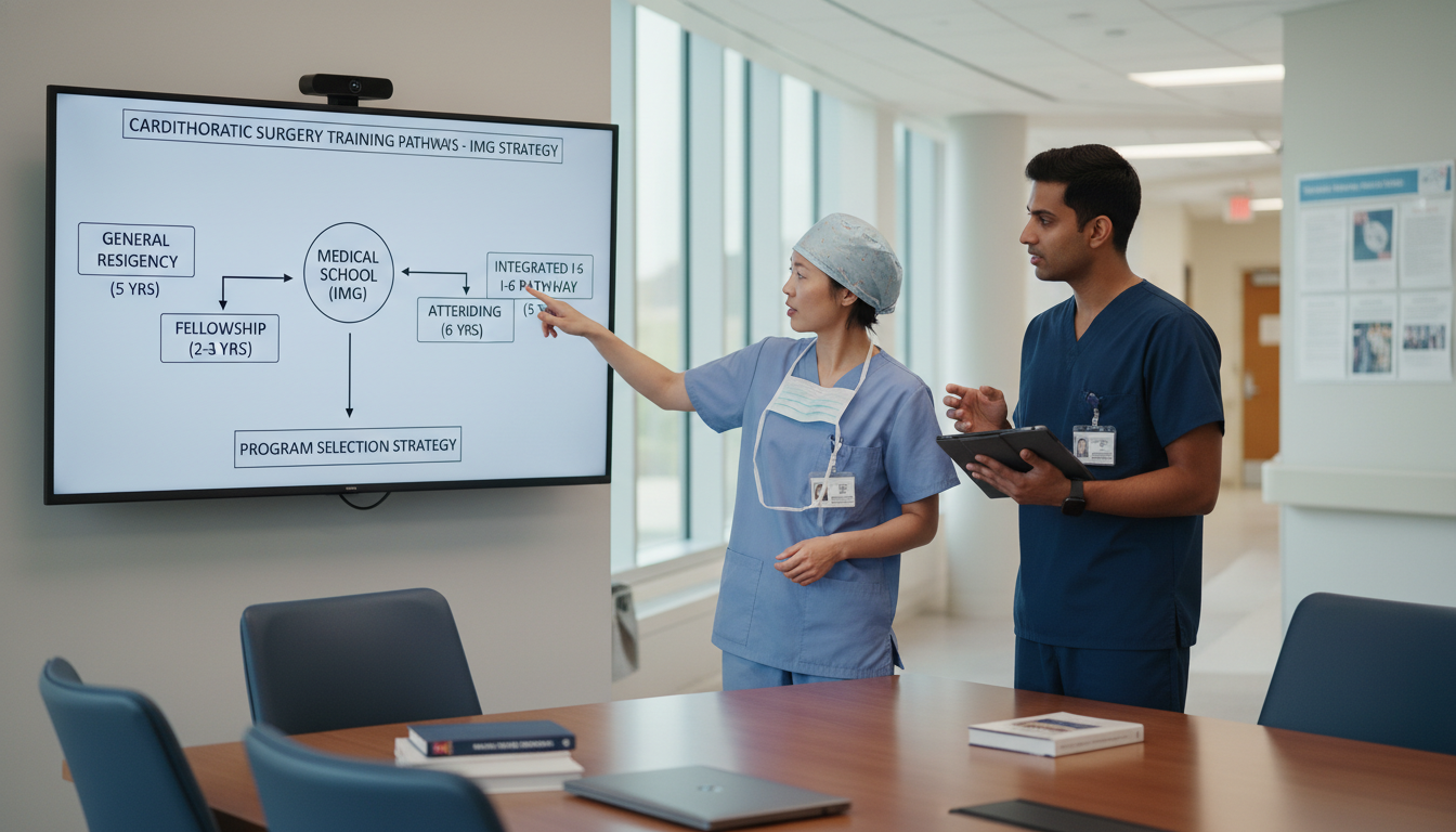Cardiothoracic surgery resident and mentor discussing training pathway - IMG residency guide for Program Selection Strategy f
