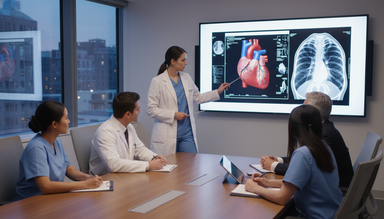 Cardiothoracic surgery trainees presenting research and case discussions in a conference room Cardiothoracic surgery trainees presenting research and case discussions in a conference room - IMG residency guide for Quest