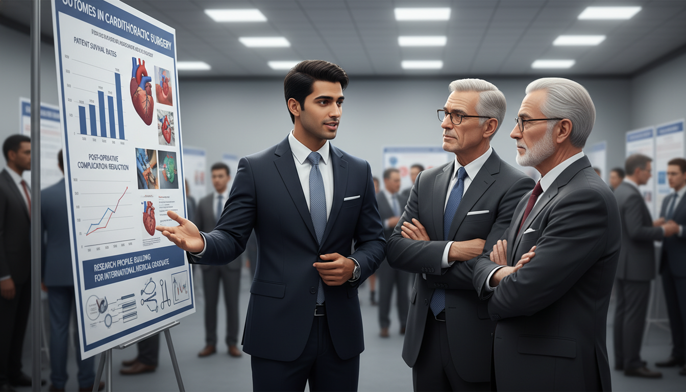 International medical graduate presenting cardiothoracic surgery research poster - IMG residency guide for Research Profile B