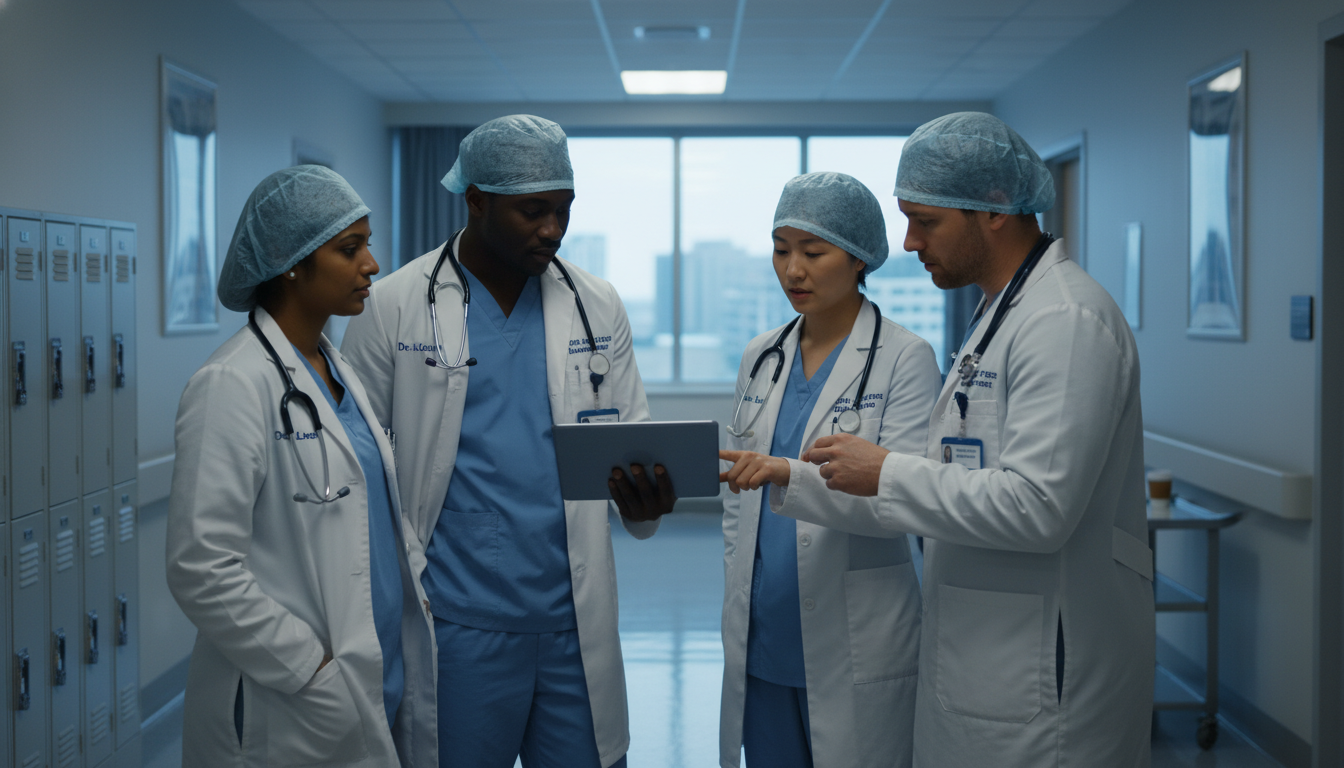 Cardiothoracic surgery residents reviewing patient list early morning Cardiothoracic surgery residents reviewing patient list early morning - IMG residency guide for Work-Life Balance Assessment